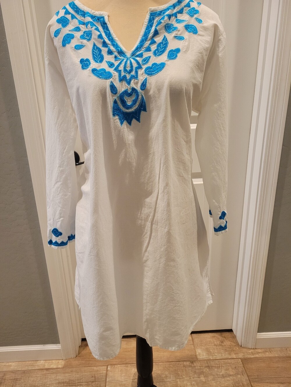 White Tunic Swimsuit cover-up with Turquoise Design Sewn On